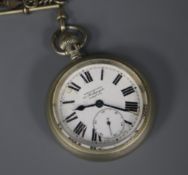 A nickel cased Winegarten Railway regulator keyless pocket watch, on albert chain.