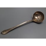 A late Victorian silver fancy pattern soup ladle, Henry Frazer,London 1893, 34cm, 10 oz.