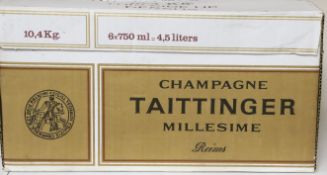 A box of six bottles of Tattinger 1/1 Brut Millesime, 1990 champagne