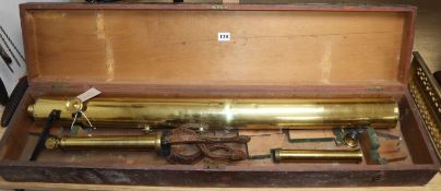 A late Victorian lacquered brass telescope on tripod stand, boxed