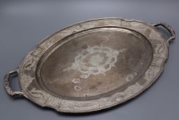 An American engraved sterling two handled oval tea tray, 48cm over handles, 36 oz.