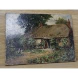 19th century English School, oil on canvas, Lady by weathered cottage and garden, 30 x 40cm,