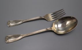 A pair of Tiffany & Co sterling serving spoon & fork, with original box, 7 oz.