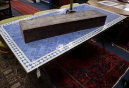 A wrought iron framed garden table, with ceramic mosaic tiled top 180 x 90cm