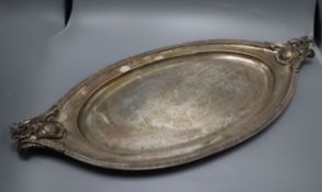 An American Ball, Black & Co sterling oval tray with applied rams head and shield handles, 71.5cm