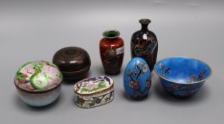 A group of Japanese and Chinese cloisonne enamel vases, boxes and a bowl