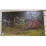 English School c.1900, oil on canvas, Sketch of jousting knights, 46 x 80cm, unframed