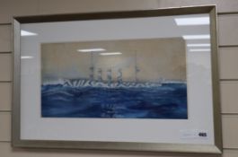 S L Titcombe, gouache, HMS Lancaster 1916-18 Pacific Station, signed, 24 x 47cm