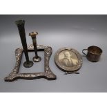 Two sterling photograph frames, a sterling mug and two posy vases.