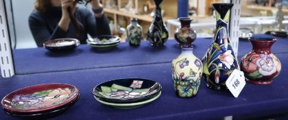 Three Moorcroft dishes, a pansy vase and a violet vase and another tallest 14cm (7)