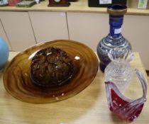 A blue and gilt vase, cut glass vase 1960's vase and an amber glass dish