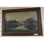 English School, oil on canvas, Country house viewed across a lake, 40 x 65cm