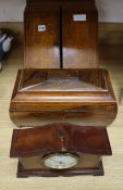 A rosewood 19th century tea caddy, mantel clock and oak stationery box