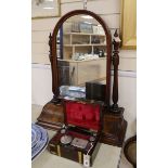 A Victorian walnut toilet mirror and a brass bound rosewood fitted toilet case width 28cm