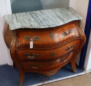 A Louis XVI style marble top bombe commode W.100cm