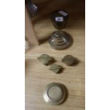 Five sets of flat brass weights and two others