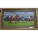 Norman Hoad, oil on canvas, Racehorses before the start, signed verso, 29 x 60cm