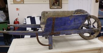A Victorian blue painted wooden hand cart L.190cm approx.