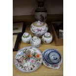 A group of Chinese famille rose jars and covers, a vase and a dish and other items
