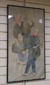 Japanese School, watercolour on silk, Farmers with grapes, 88 x 47cm
