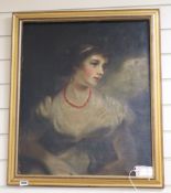 19th century English School, oil on canvas, Portrait of a lady wearing a coral bead necklace, 60 x