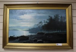 English School, oil on canvas, Atmospheric moonlit lake scene, 44 x 75cm