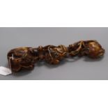 A Chinese carved wood pomegranate ruyi sceptre length 35cm