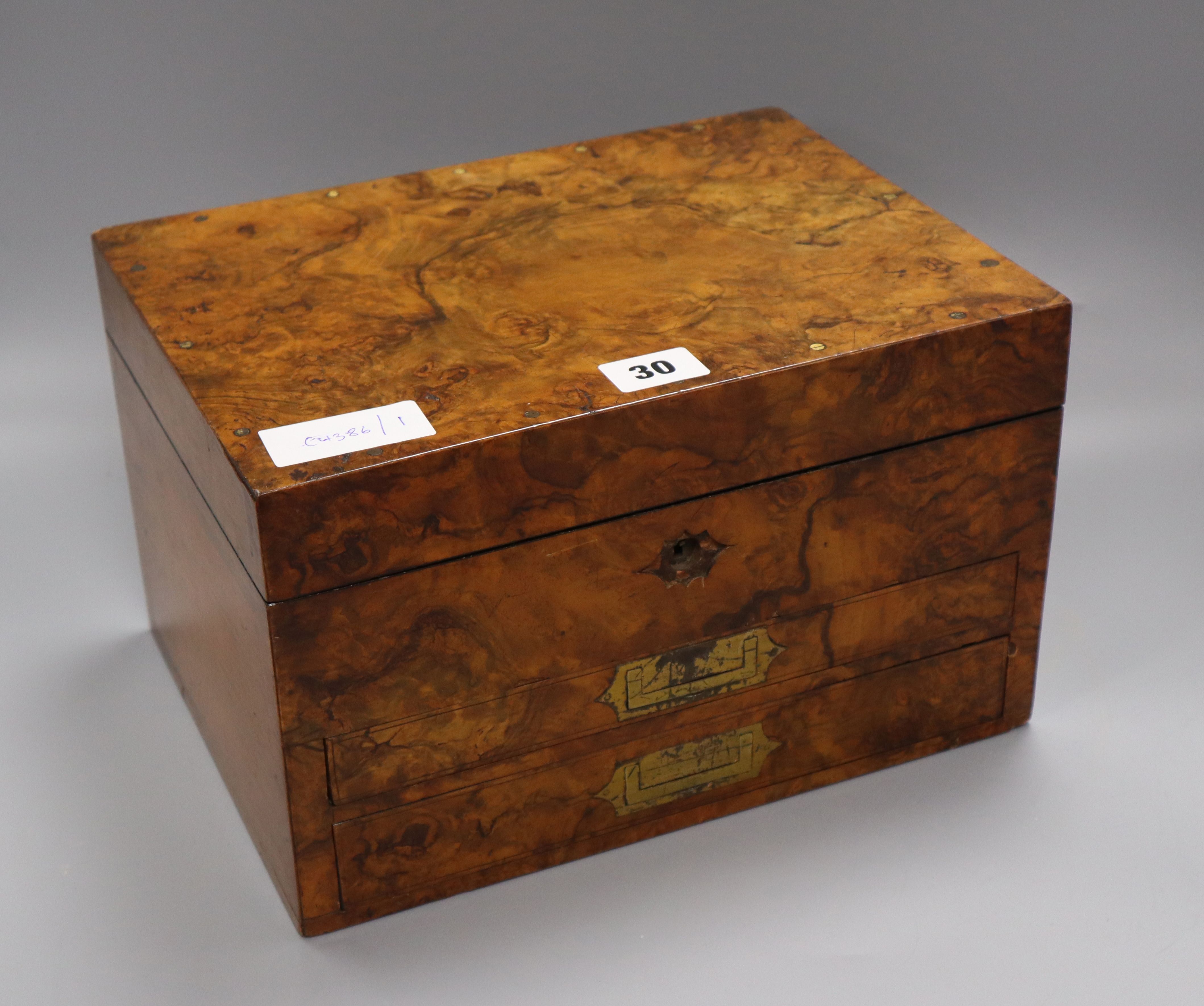 A Victorian figured walnut apothecary box, Kiddell Shrewsbury width 28cm