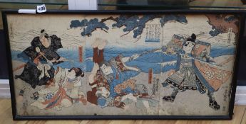 Japanese School, woodblock triptych print, Samurai in battle, overall 34 x 70cm