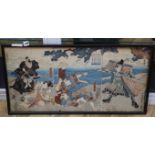 Japanese School, woodblock triptych print, Samurai in battle, overall 34 x 70cm