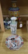 A pair of 19th century Imari plates, a Kutani vase, 2 Chinese vases, a large inside-painted bottle.