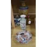 A pair of 19th century Imari plates, a Kutani vase, 2 Chinese vases, a large inside-painted bottle.