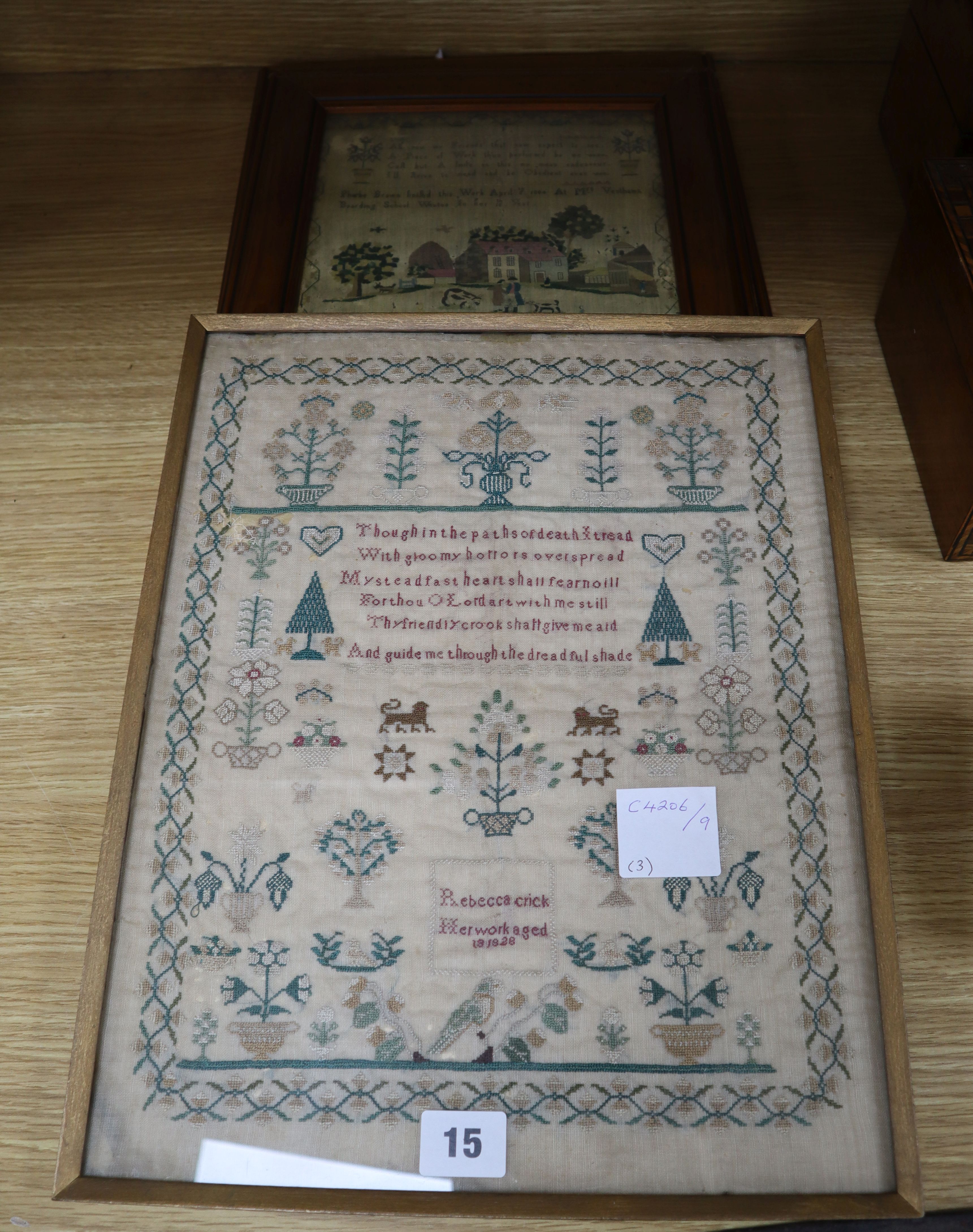 An early 19th century embroidered sampler, worked by Rebecca Crick 1828, 37 x 29cm, together with