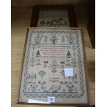 An early 19th century embroidered sampler, worked by Rebecca Crick 1828, 37 x 29cm, together with