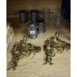 A pair of Victorian brass brackets and assorted tankards