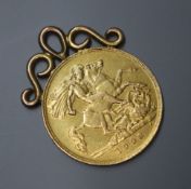 A 1908 gold half sovereign with pendant mount.