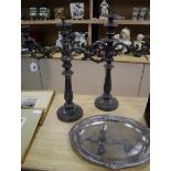 A pair of Victorian Old Sheffield plate candelabra and an oval plated tray candelabra height 57cm