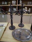 A pair of Victorian Old Sheffield plate candelabra and an oval plated tray candelabra height 57cm