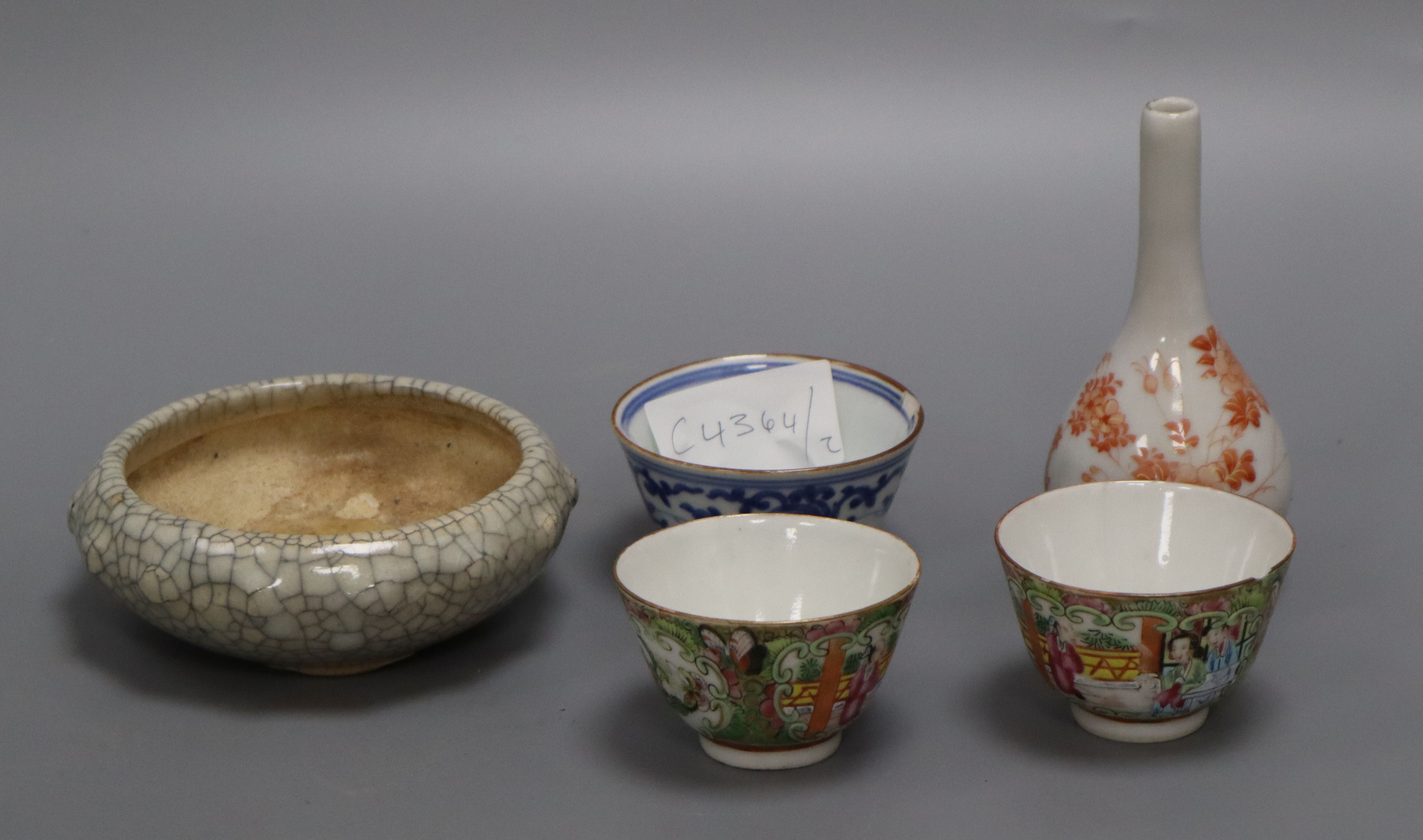 Three Chinese porcelain cups, a crackle glaze censer and a Chinese bottle vase