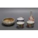 Three Chinese porcelain cups, a crackle glaze censer and a Chinese bottle vase