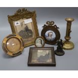 A framed portrait enamel miniature, four others, a candlestick and metal statue