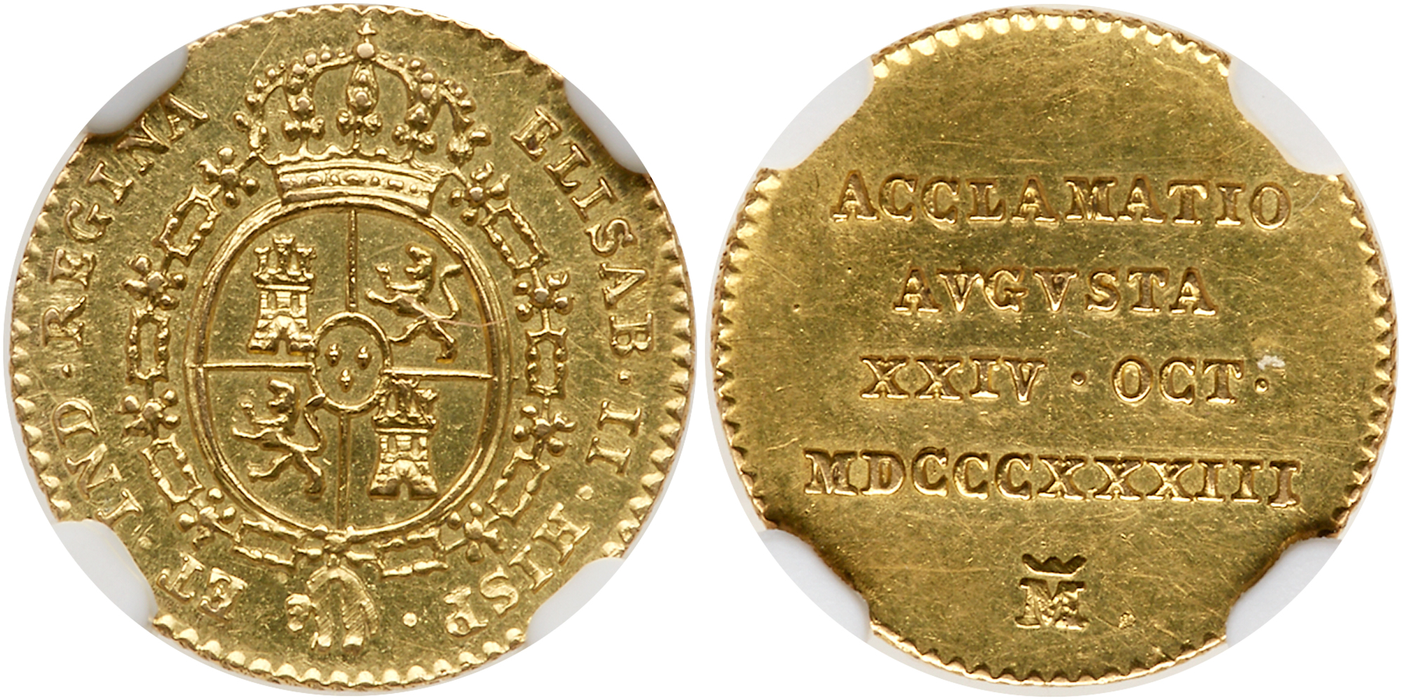 Spain. Gold Proclamation Medal, 1833 M. NGC MS61