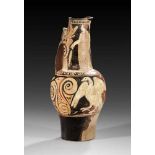 Large Faliscan red-figure jug with beak-shaped spout. About 300 B.C. On the corpus in white a