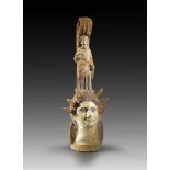 Apulian polychrome pseudo-jug from Canosa in form of woman´s head with statuette of a young woman on