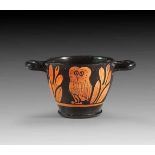 Apulian red-figured owl-skyphos. 4th century B.C. Intact.Apulischer Eulenskyphos. 4. Jh. v. Chr. H