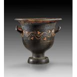 Apulian bell-krater of the Xenon ware. 4th century B.C. Black glazed with superposed red slip. On