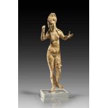 Figurine of Aphrodite Anadyomene with high flavian hairstyle and a leg band with disks. Early