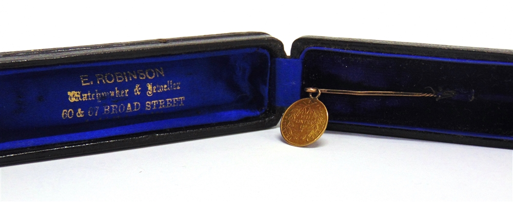 A GOLD 5 FRANC COIN mounted as a stickpin, 2.4g gross, cased - Image 2 of 2