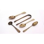 A COLLECTION OF THREE SILVER TEASPOONS a silver salt spoon; and silver sugar tongs; 68g (2.1 troy