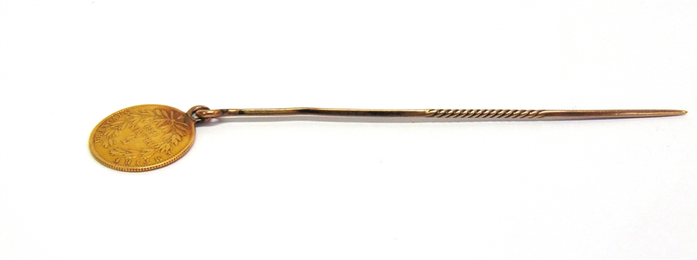 A GOLD 5 FRANC COIN mounted as a stickpin, 2.4g gross, cased